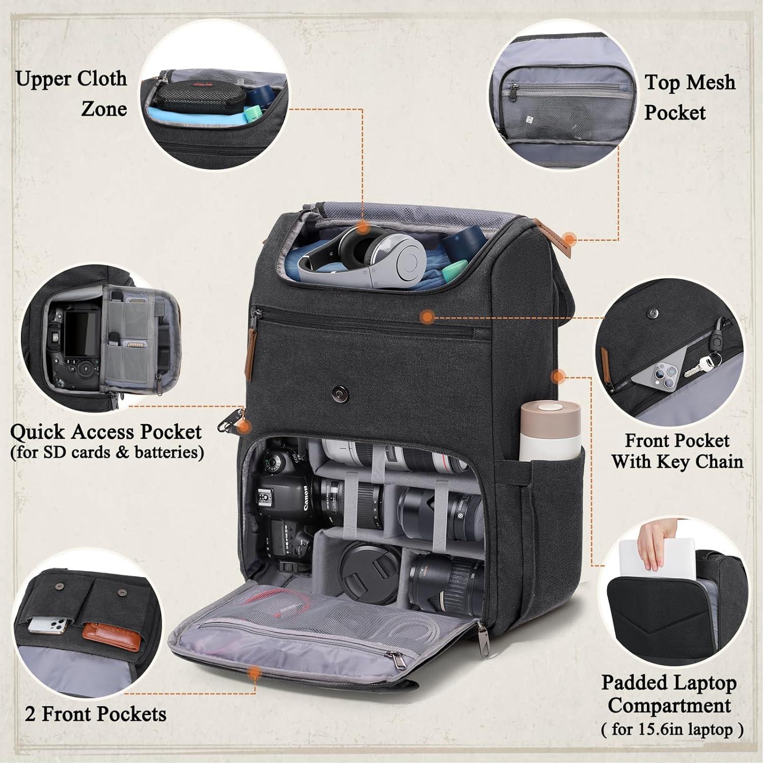 Mochila para cámara RAINSMORE negra para DSLR y portátil 15.6"