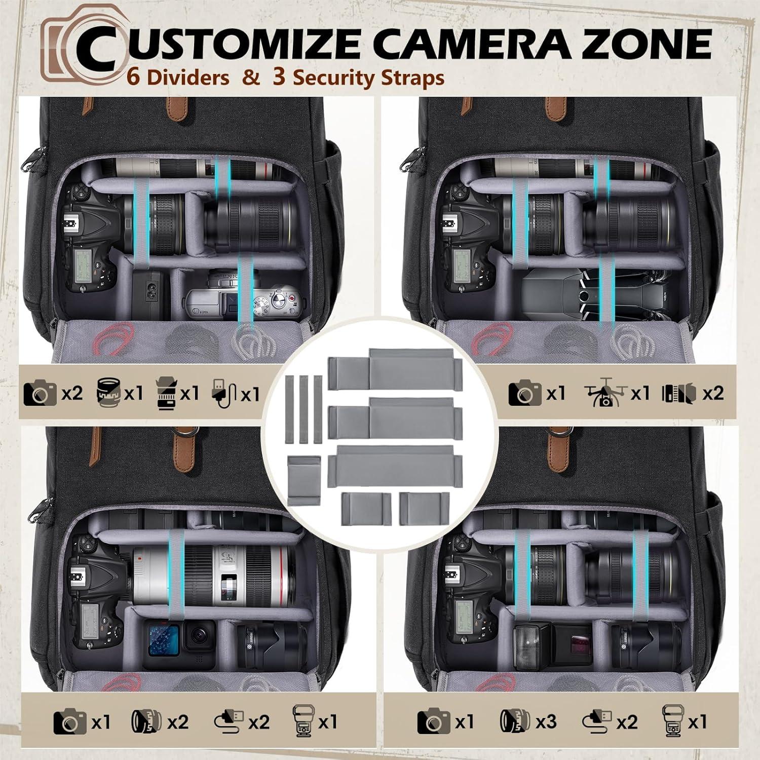 Mochila para cámara RAINSMORE negra para DSLR y portátil 15.6"