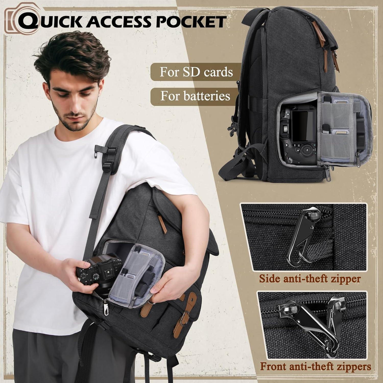 Mochila para cámara RAINSMORE negra para DSLR y portátil 15.6"