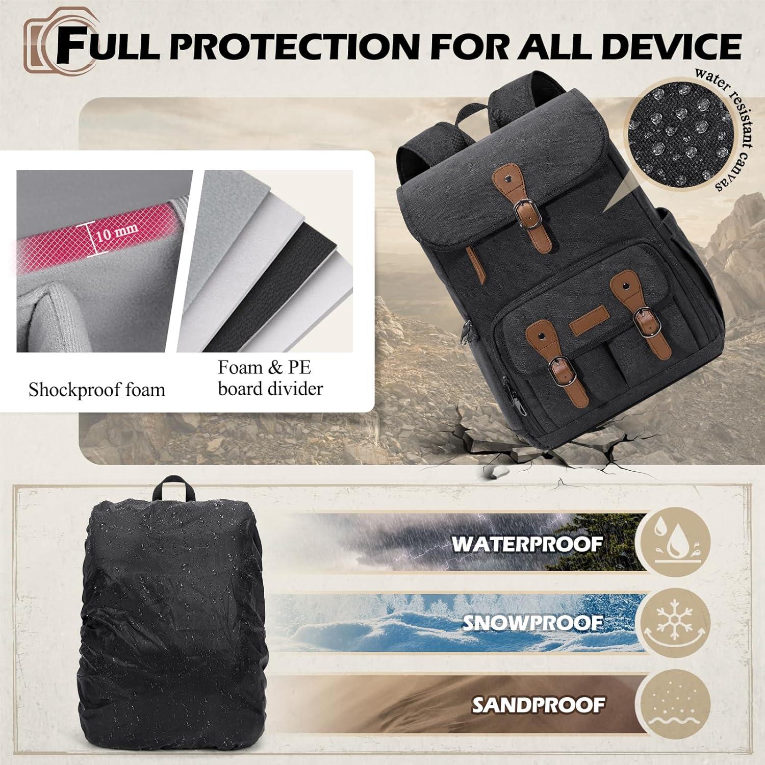 Mochila para cámara RAINSMORE negra para DSLR y portátil 15.6"