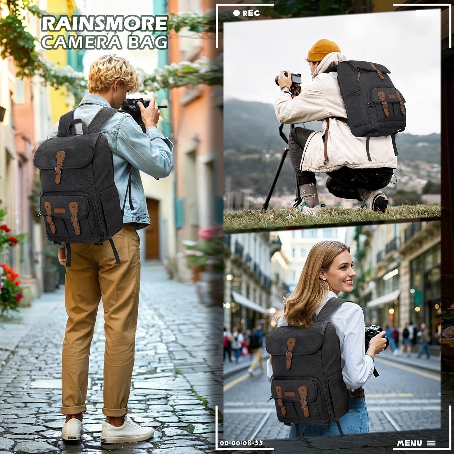 Mochila para cámara RAINSMORE negra para DSLR y portátil 15.6"