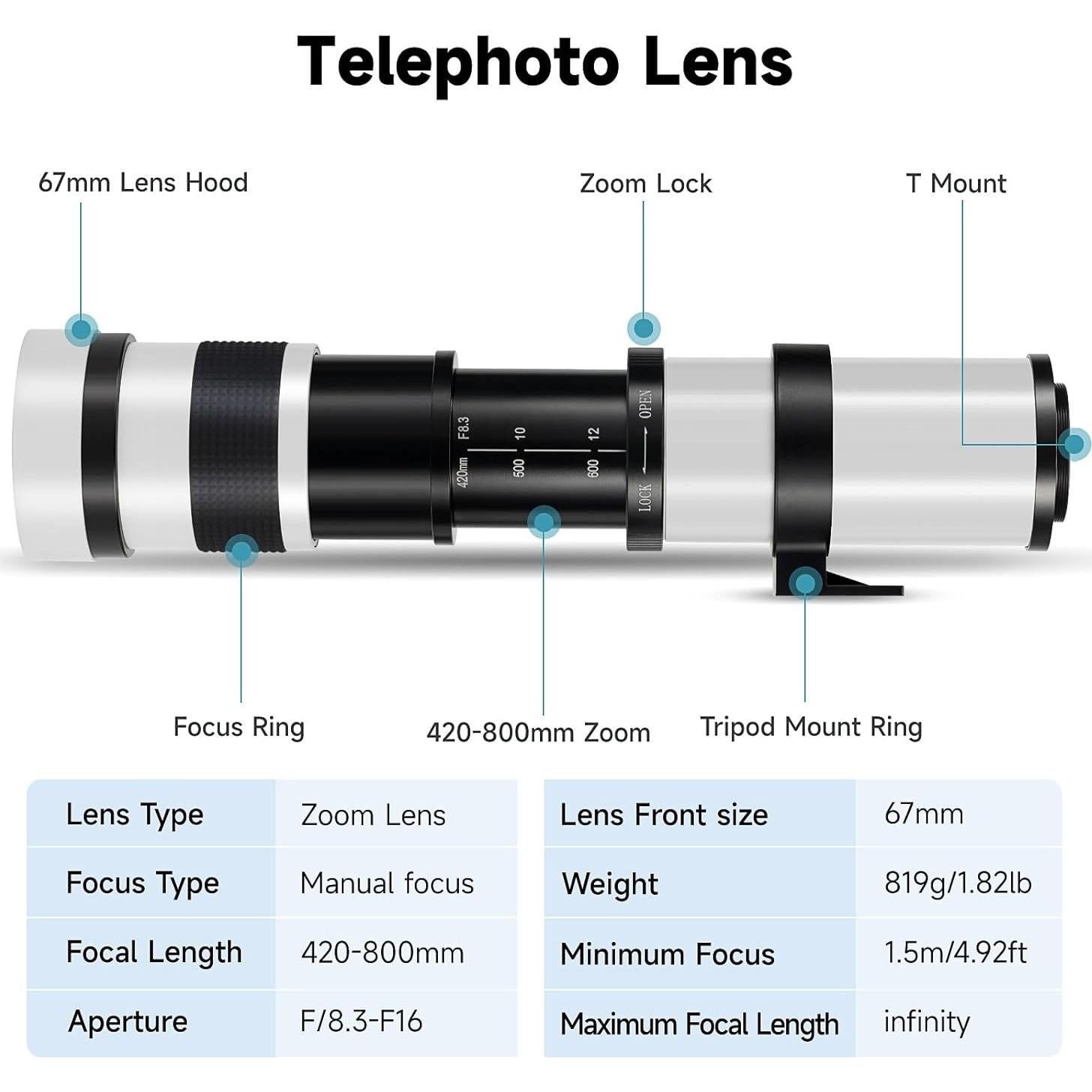 Lente Telefoto JINTU 420-1600mm F8.3 para Canon SLR