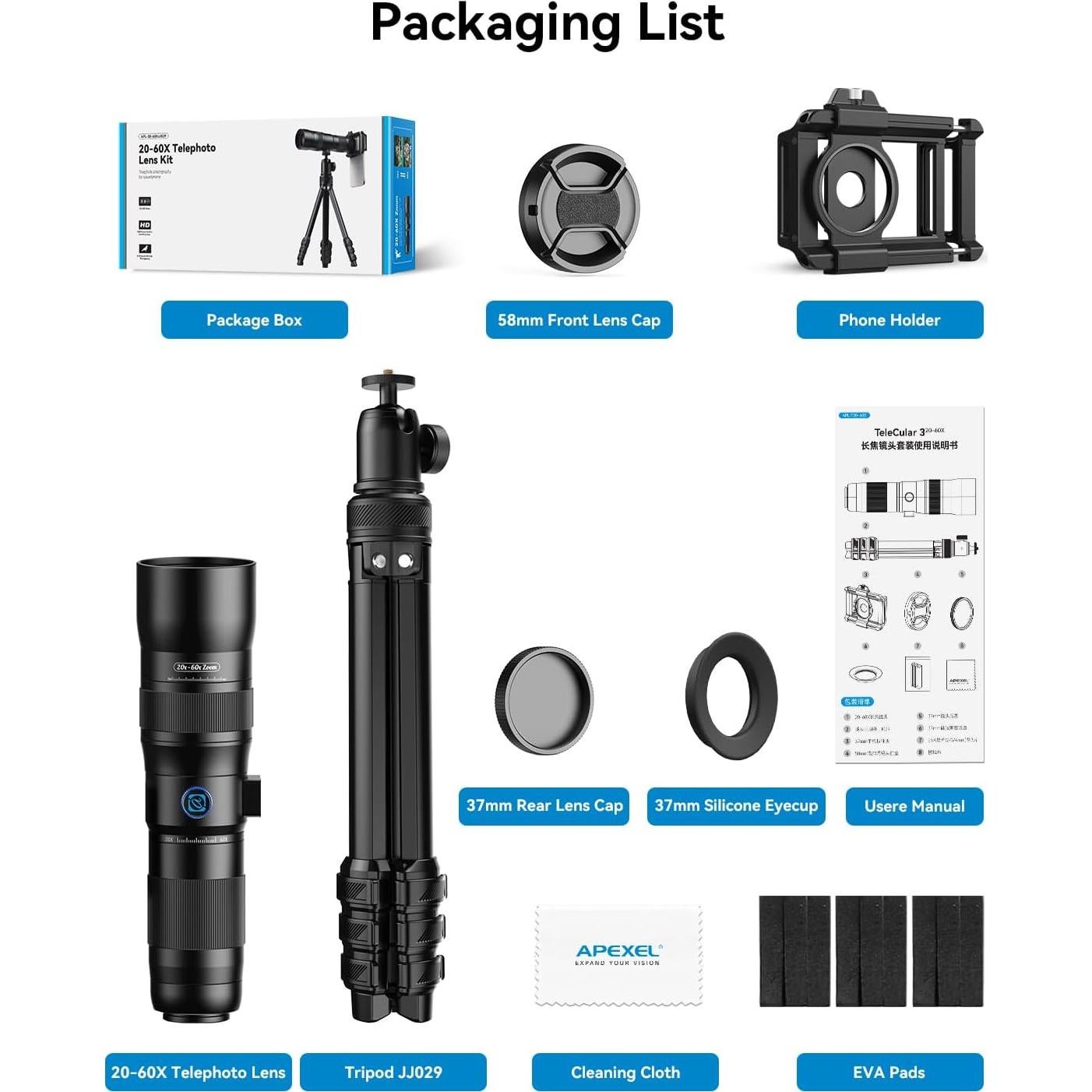 Lente Telefoto Zoom 20-60X Evil Eye para Smartphone con Trípode