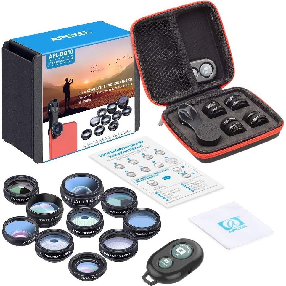 Kit de Lentes 10 en 1 Apexel para Smartphone - Macro, Gran Angular, Telefoto