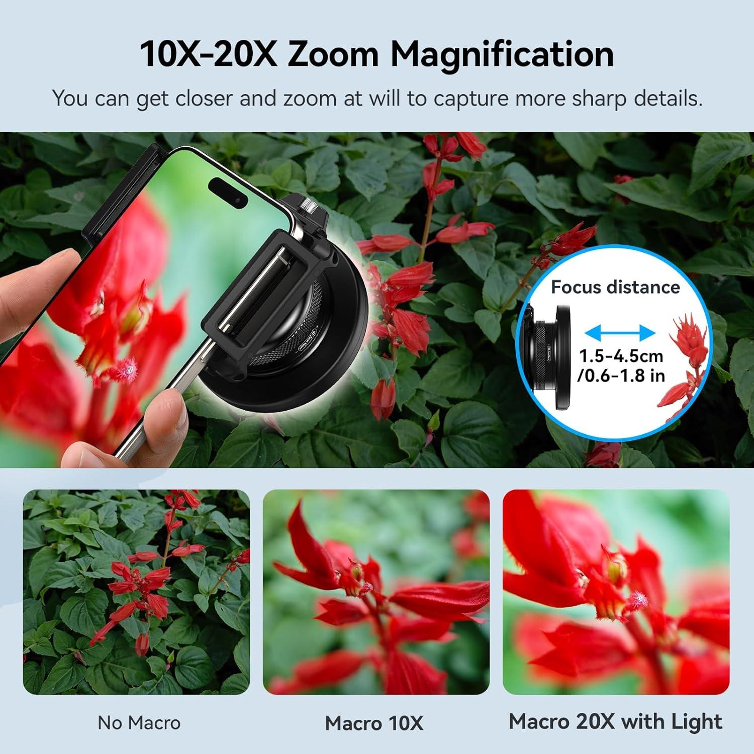 Lente Macro APEXEL 10-20X para iPhone y Android con Luz