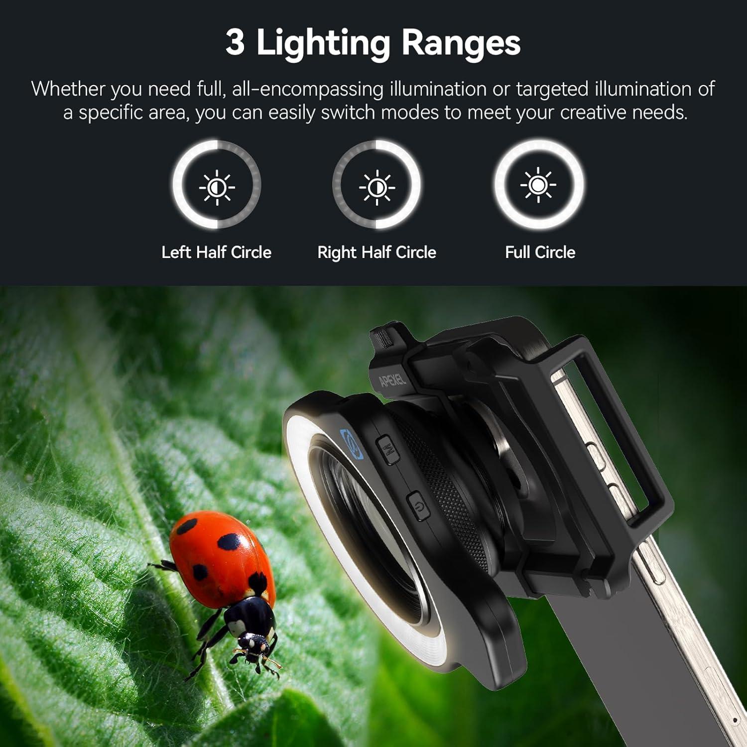 Lente Macro APEXEL 10-20X para iPhone y Android con Luz