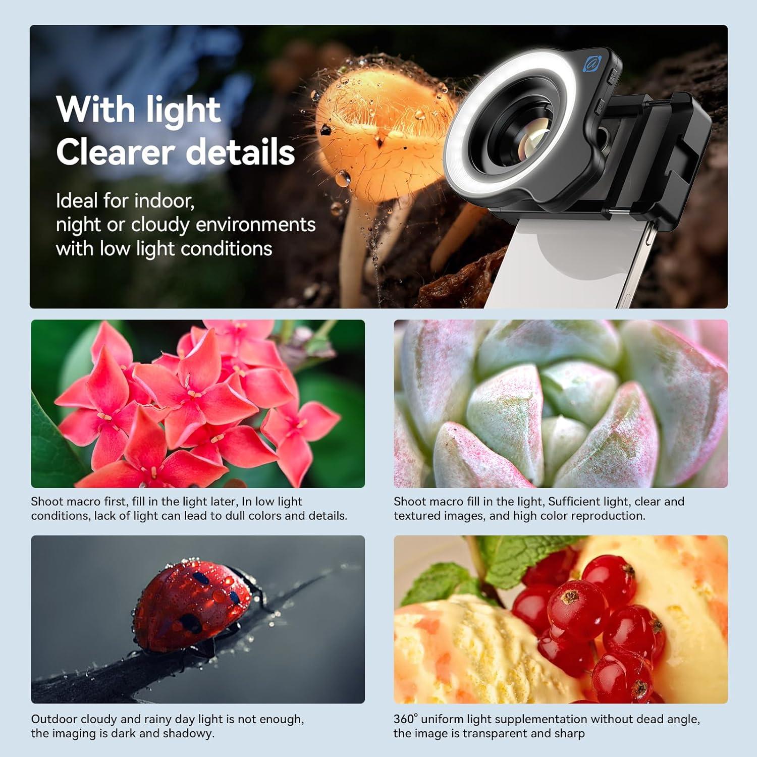 Lente Macro APEXEL 10-20X para iPhone y Android con Luz