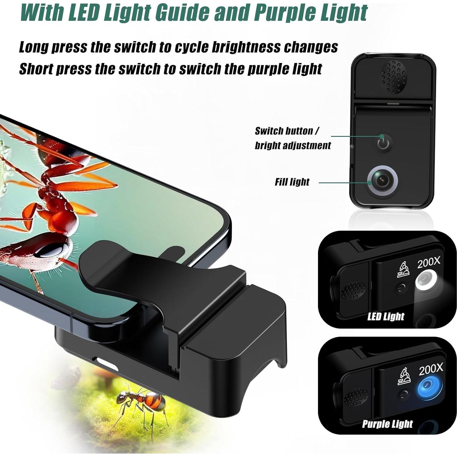 Microscopio Portátil Amoper 200X con Lente CPL y Luz UV