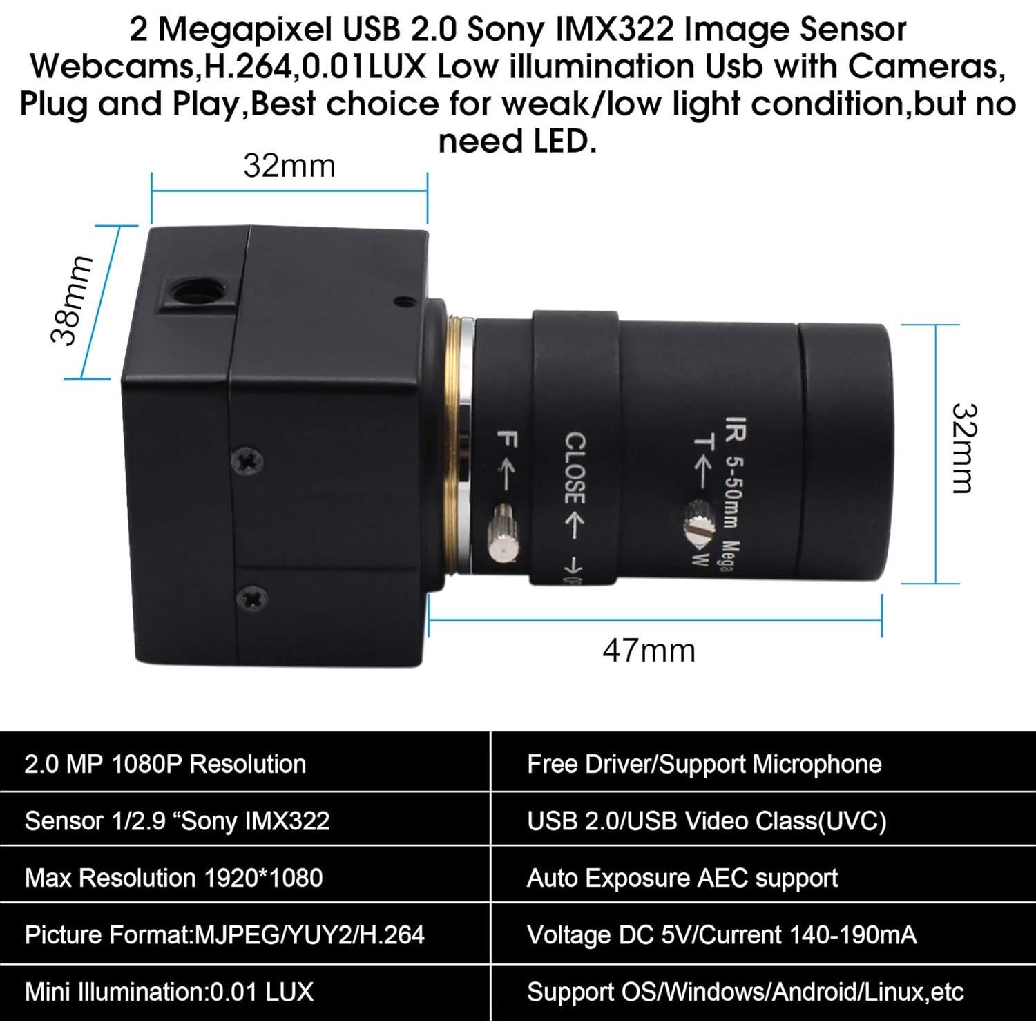 Lente Varifocal ELP 5-50mm 1080P USB H.264 Cámara