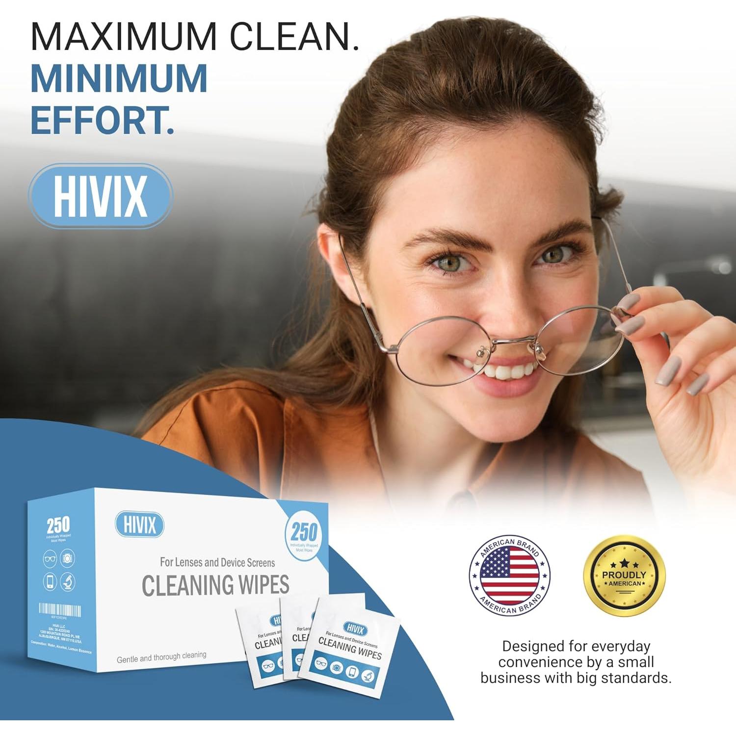 Toallitas limpiadoras HIVIX para lentes - 250 unidades, secado rápido