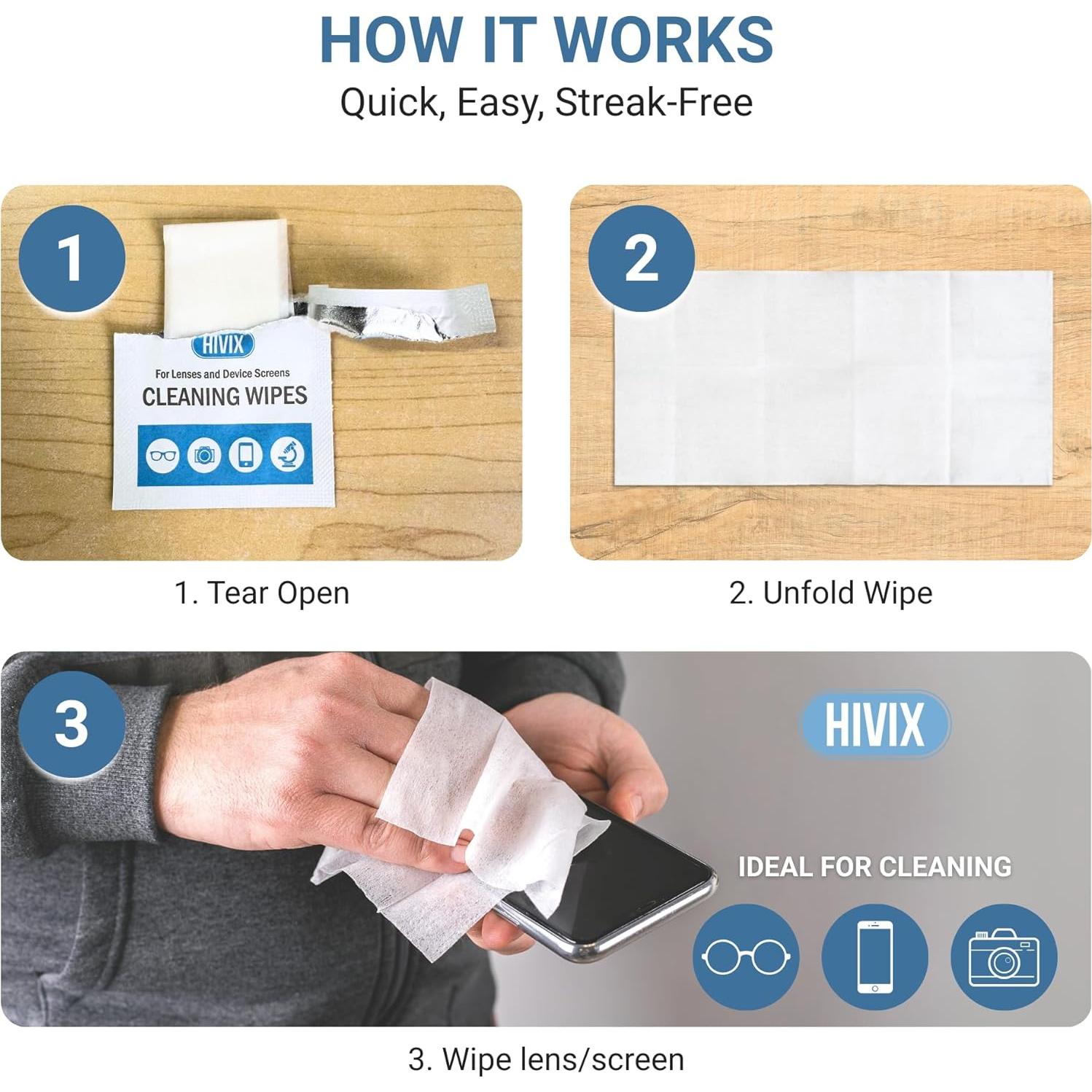 Toallitas limpiadoras HIVIX para lentes - 250 unidades, secado rápido