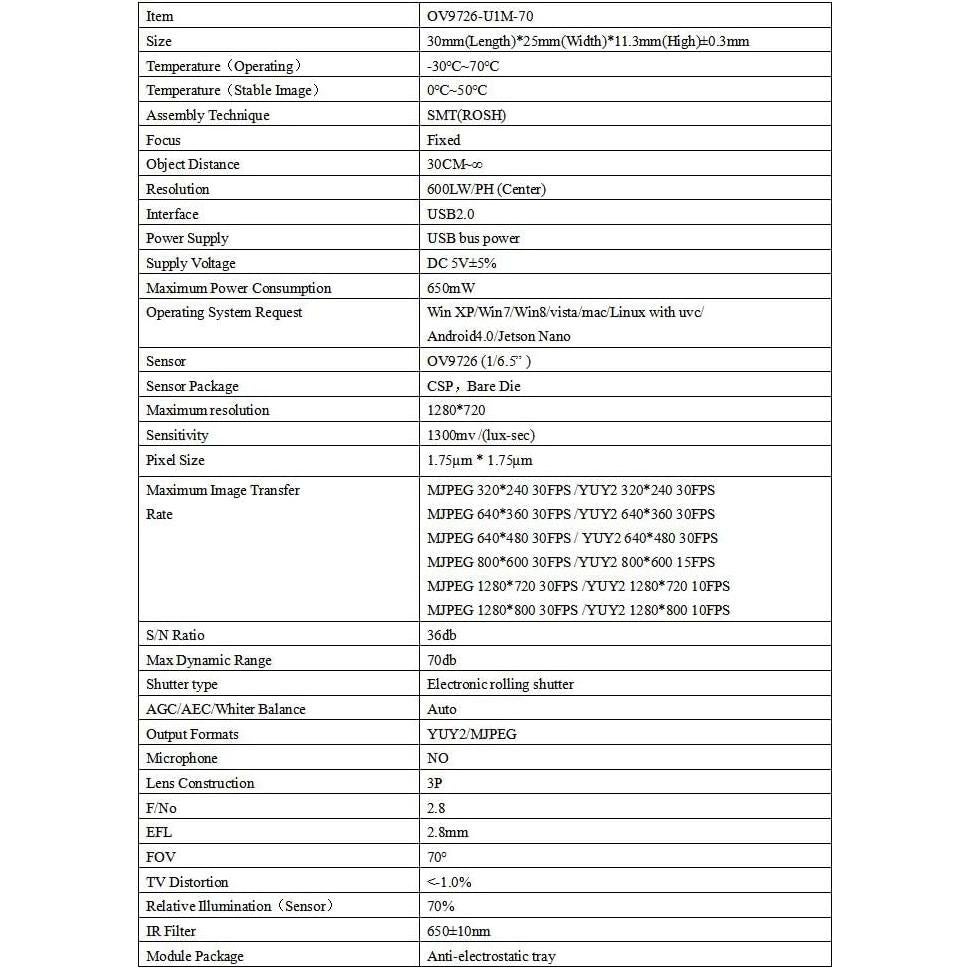Módulo de Cámara USB Xicoolee OV9726 1MP Enfoque Fijo 70°