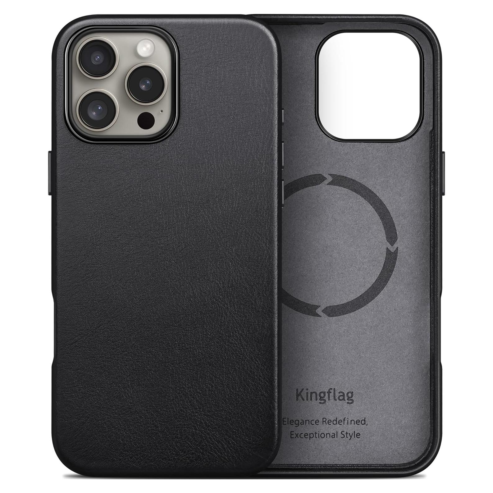 Funda de Cuero Genuino Kingflag para iPhone 16 Pro 6.3" Negro