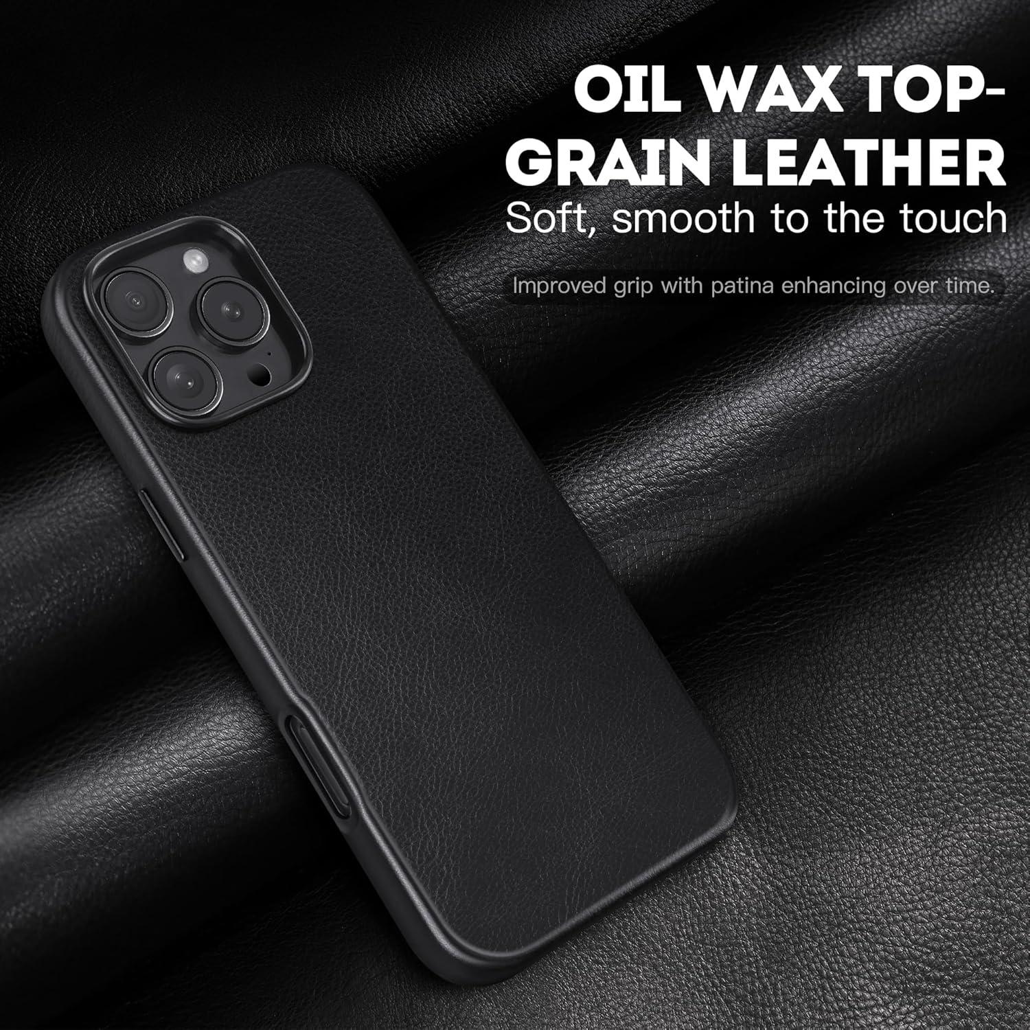 Funda de Cuero Genuino Kingflag para iPhone 16 Pro 6.3" Negro