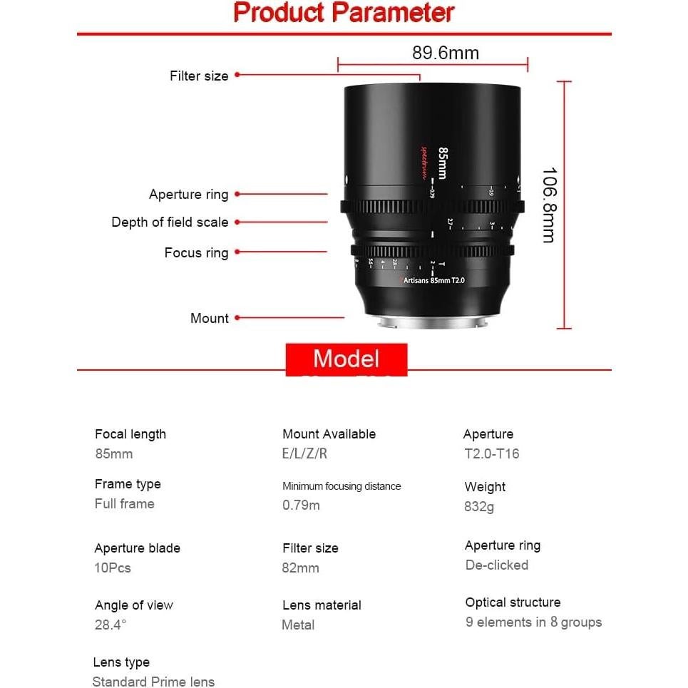 Lente de Cine 7artisans 85mm T2.0 para Cámara Sony E-Mount