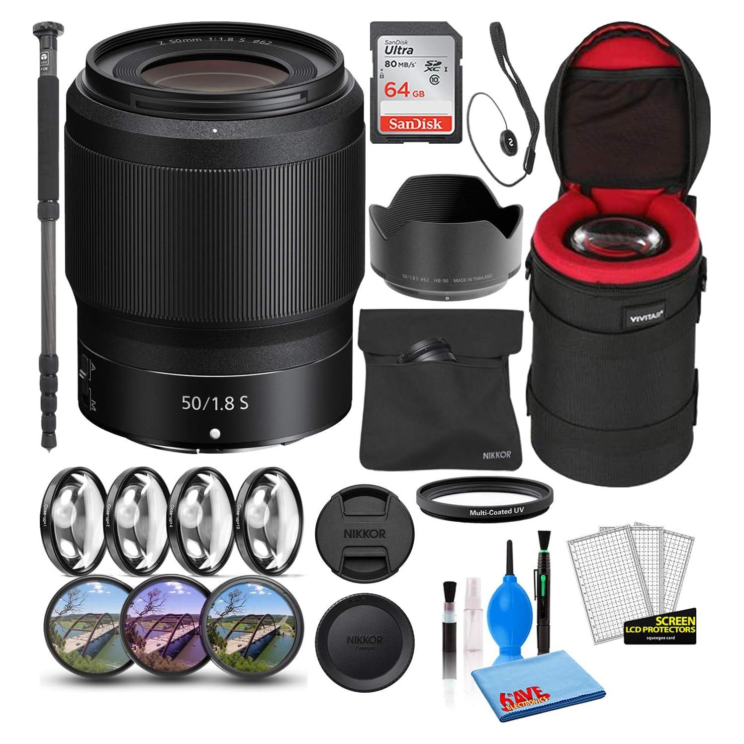 Nikon NIKKOR Z 50mm f/1.8 S Prime Lens (20083) with 64GB Ultra SDHC Memory Card + Padded Lens Case + 70-Inch Pro Monopod + 8-Piece Filter Kit (Macro, UV, CPL, FLD) (Renewed)