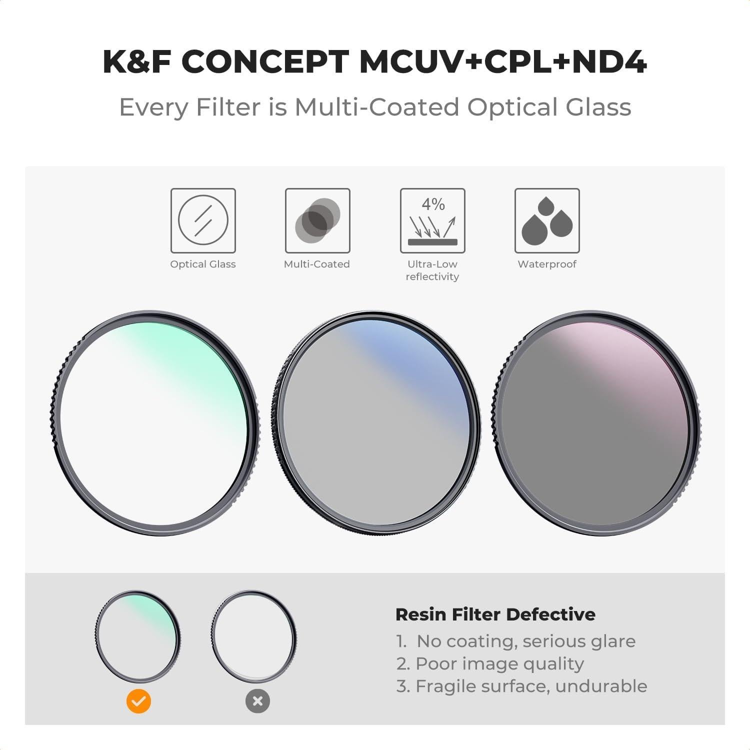 Kit de Filtros K&F Concept 58mm UV CPL ND4 con Paño y Funda