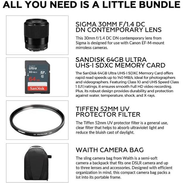 Lente Sigma 30mm f/1.4 DC DN para Canon EF-M + Filtro UV 52mm