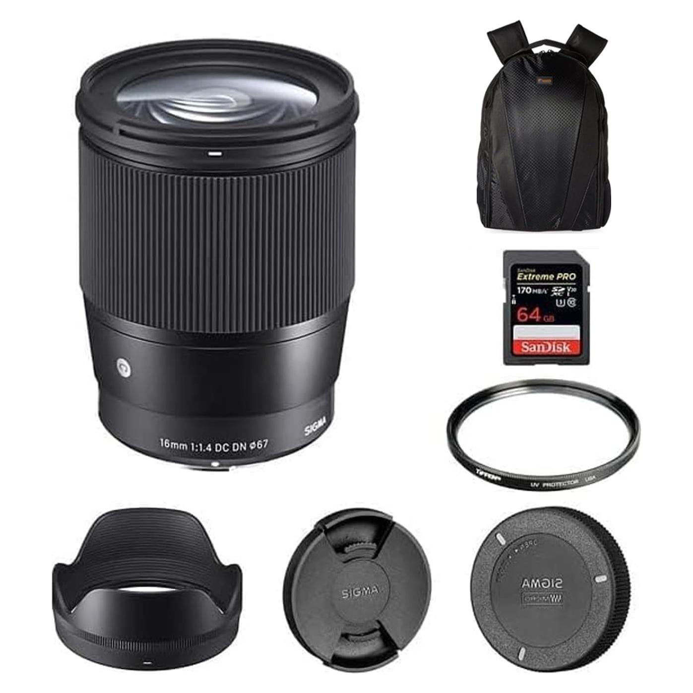 Lente Sigma 16mm f/1.4 DC DN para Sony E + Filtro UV 67mm + Tarjeta 64GB + Mochila