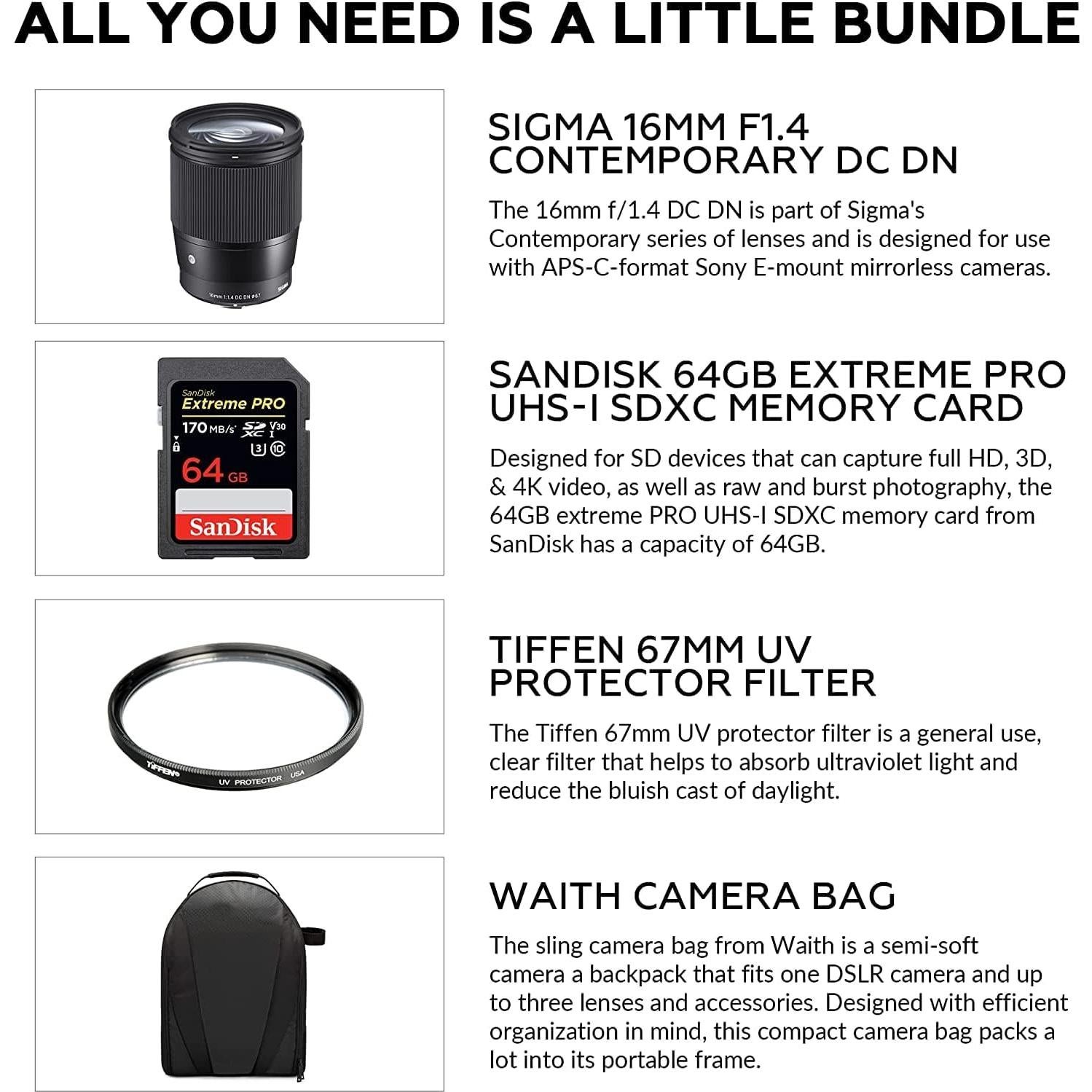 Lente Sigma 16mm f/1.4 DC DN para Sony E + Filtro UV 67mm + Tarjeta 64GB + Mochila