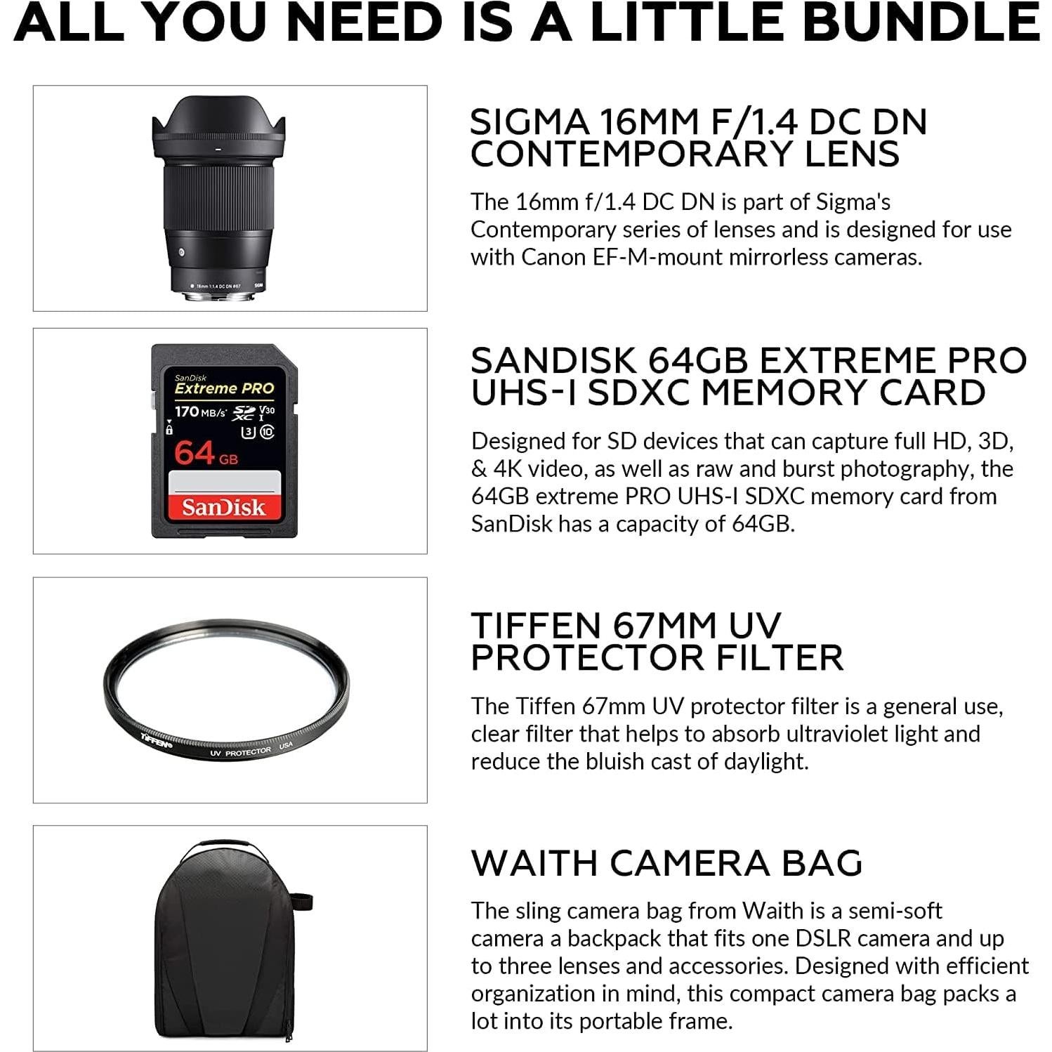 Lente Sigma 16mm f/1.4 DC DN para Canon EF-M + Filtro UV 67mm