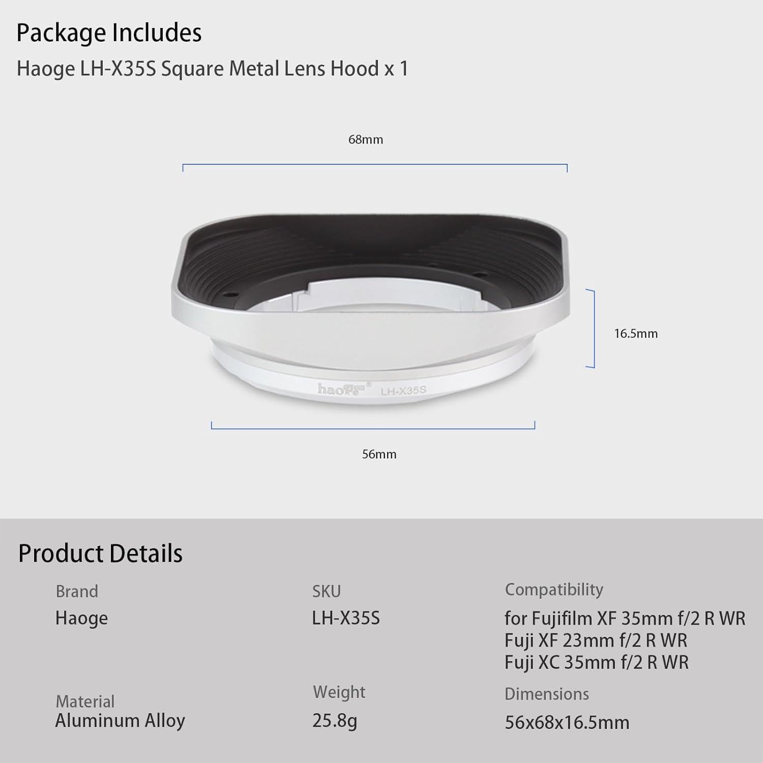 Capucha de Lente Metálica Cuadrada Haoge LH-X35S para Fujifilm