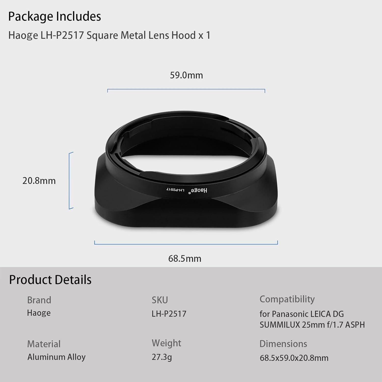 Capucha de Lente Metálica Cuadrada Haoge LH-P2517 para Panasonic LEICA DG 25mm f/1.7