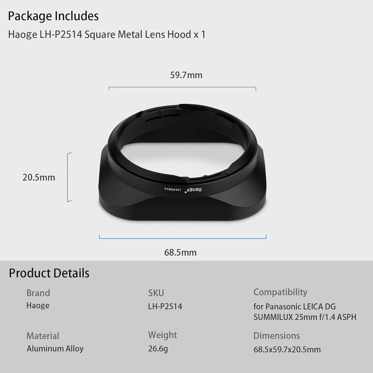 Capucha de Lente Metálica Cuadrada Haoge LH-P2514 para Panasonic Leica 25mm f/1.4