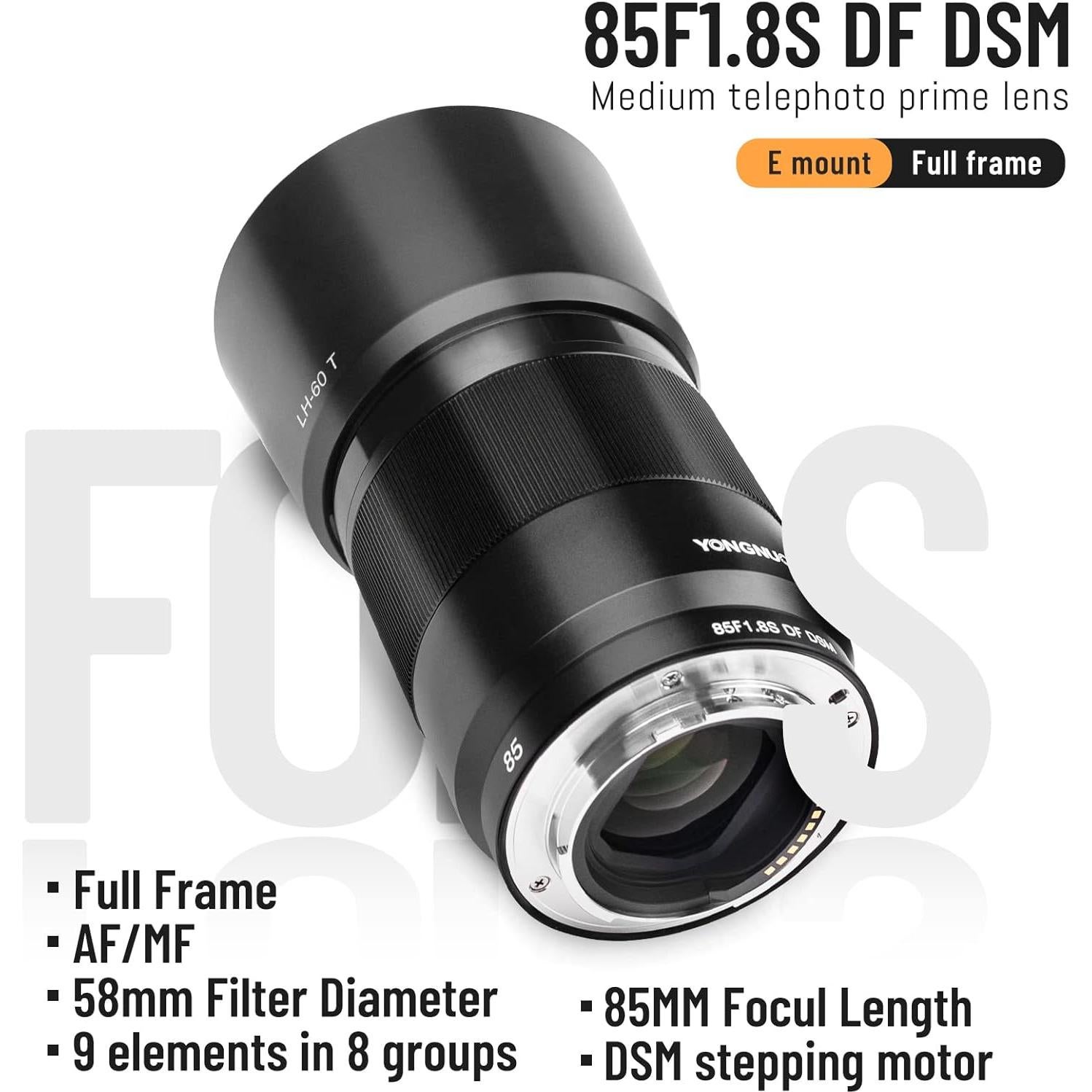 Lente Prime Telefoto YONGNUO 85mm F1.8S para Sony E