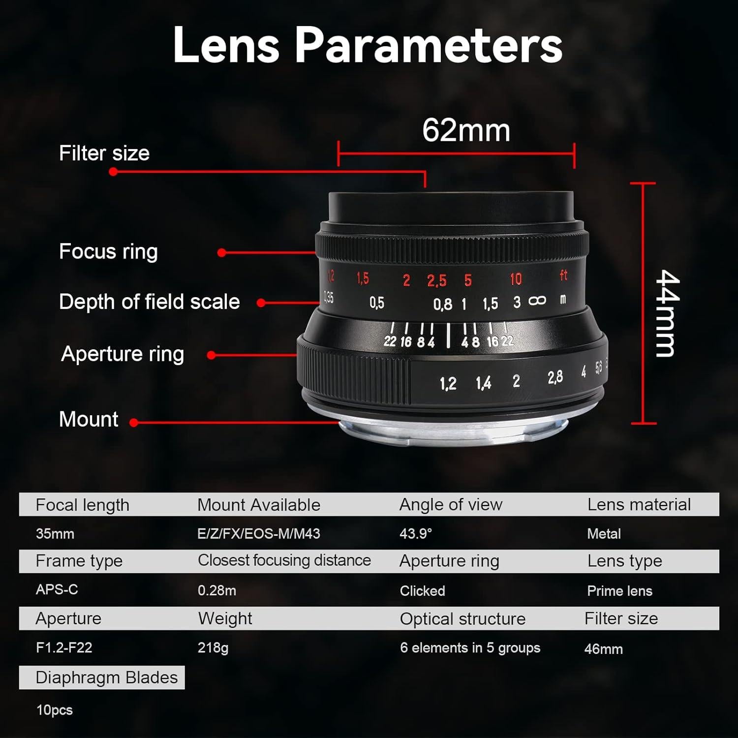 Lente 7artisans 35mm F1.2 Manual para Olympus Panasonic M4/3