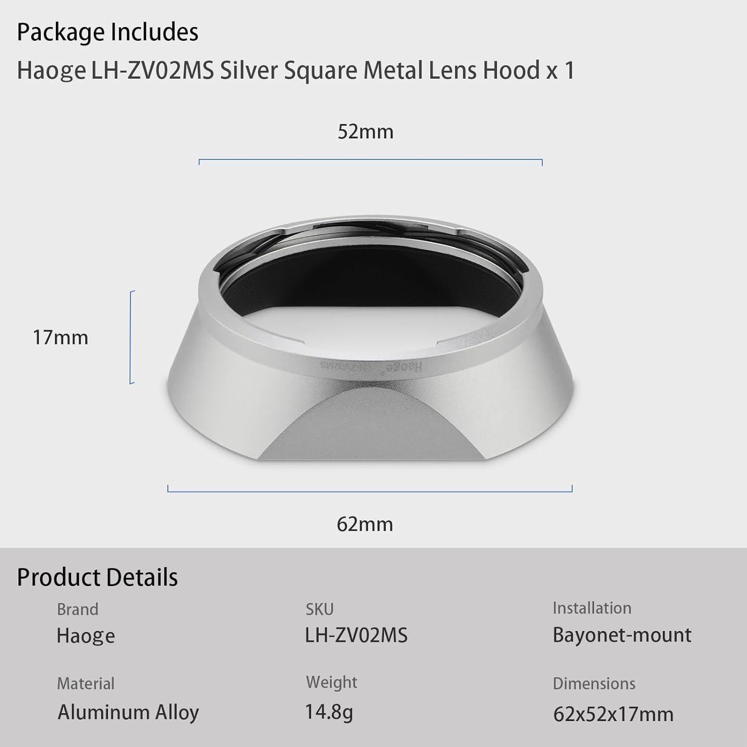 Capucha de Lente Metálica Cuadrada Haoge LH-ZV02MS Plateada