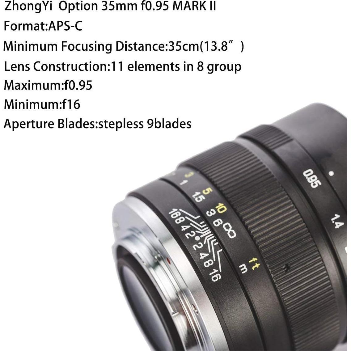 Zhongyi Mitakon Speedmaster 35mm f/0.95 Mark 2 for FujifilmXF X-Pro2 X-T1 X-T10 Black