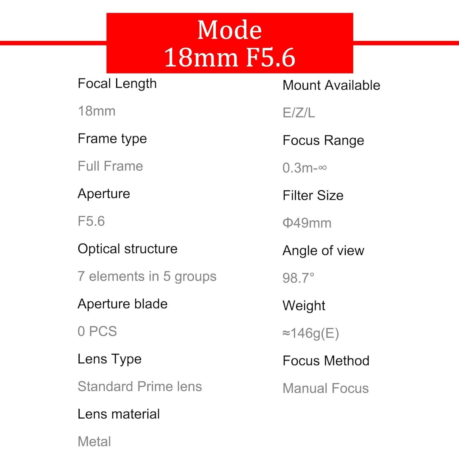 Lente 7artisans 18mm F5.6 para Montura Sony E - 98.7°