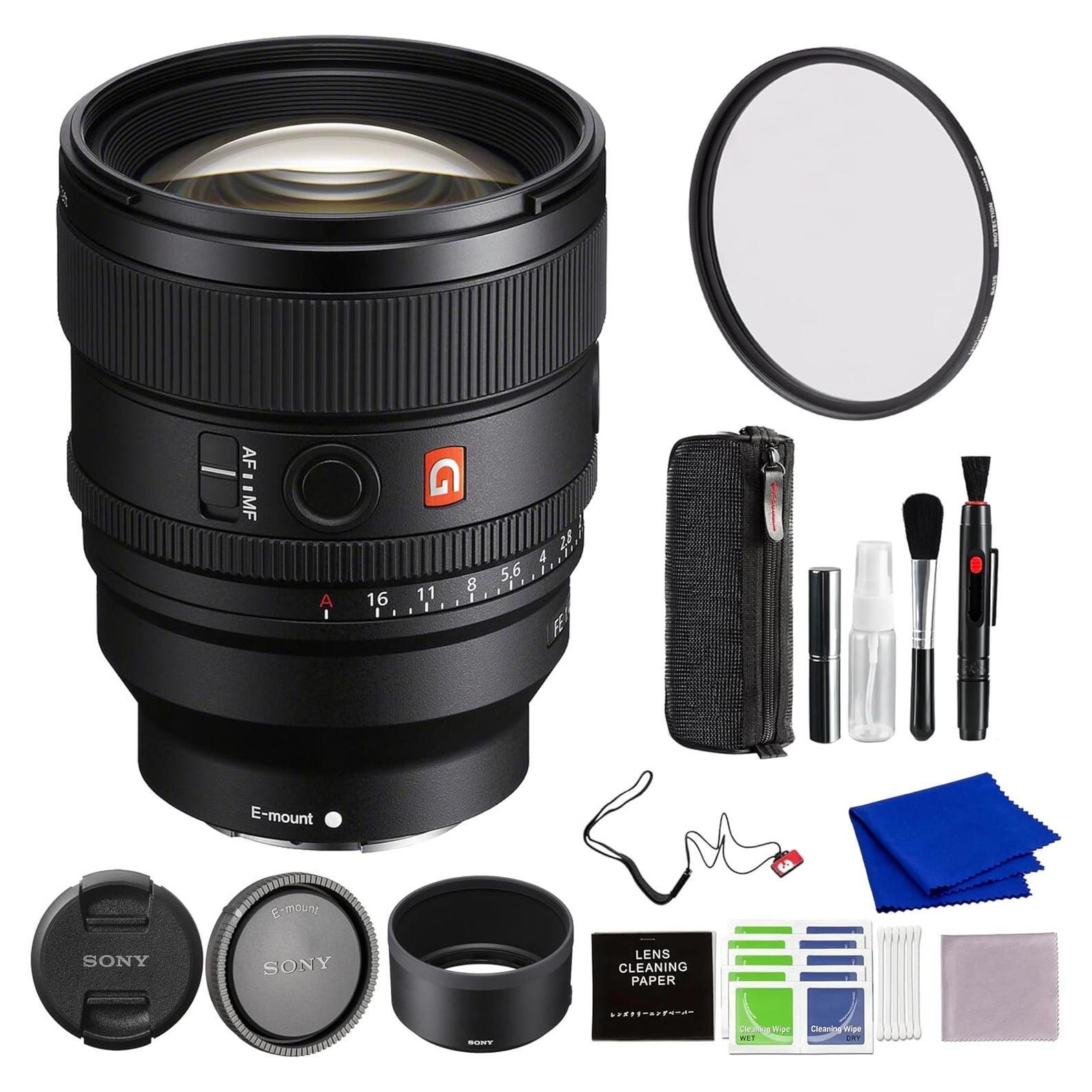 Lente Sony FE 85mm f/1.4 GM II con filtro 77mm y accesorios