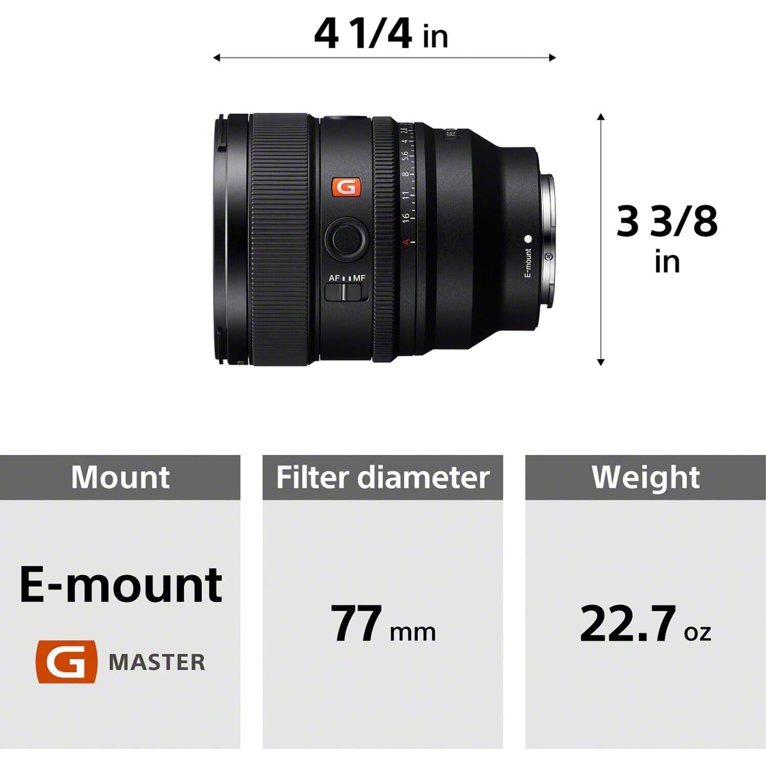 Lente Sony FE 85mm f/1.4 GM II con filtro 77mm y accesorios