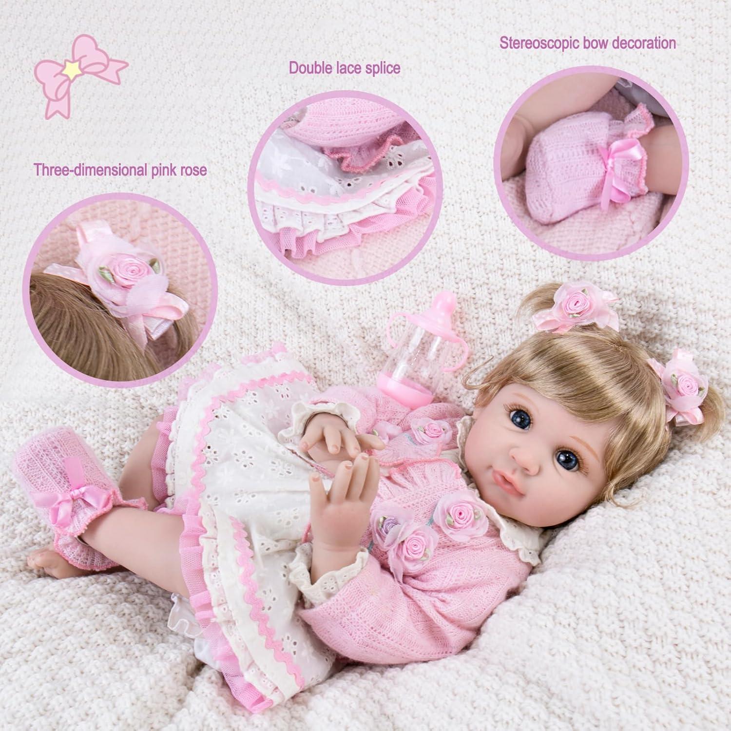 Muñeca Aori Reborn 55.88 cm Realista para Niños 3+ con Atuendo Rosa