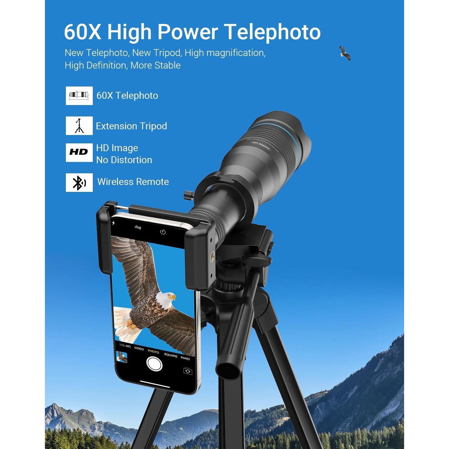 Lente Telefoto APEXEL 60X con Trípode y Control Remoto
