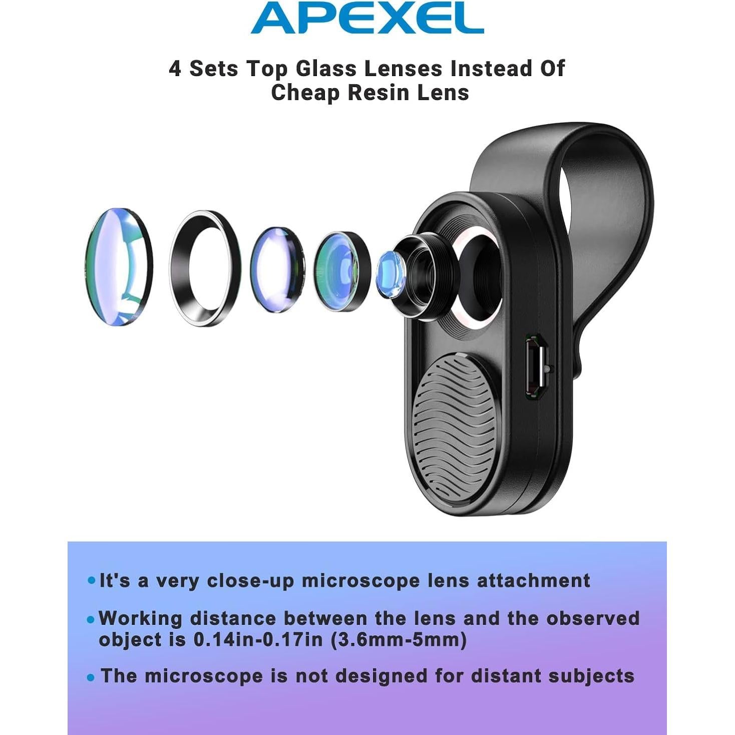 Lente Microscopio APEXEL 100x con Luz LED para Smartphone