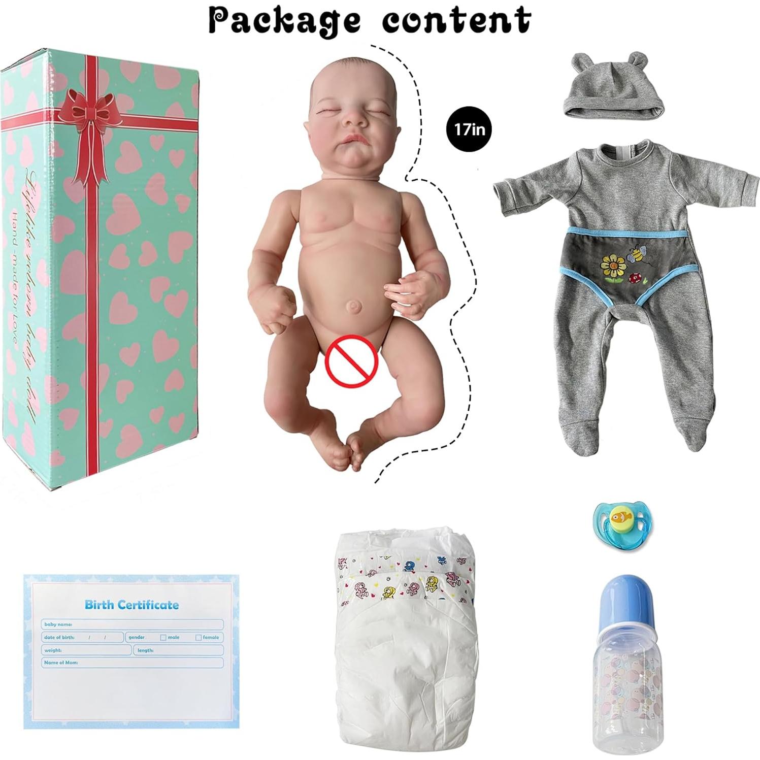 Muñeca bebé renacida FOCKOF 43 cm con accesorios azul