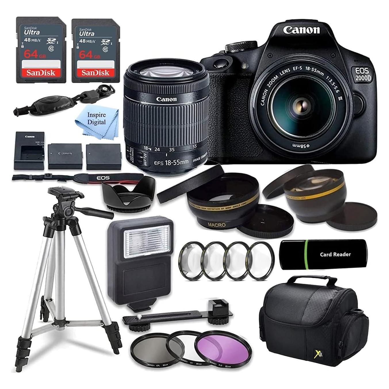 Cámara DSLR Canon EOS 2000D + Lente 18-55mm + Funda + 128GB