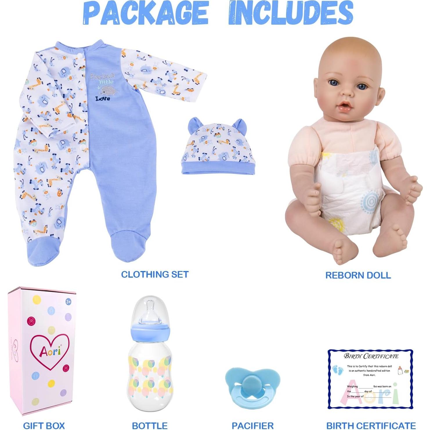 Muñeca Reborn Aori Bebé Niño 45.72 cm Ropa Azul 3+