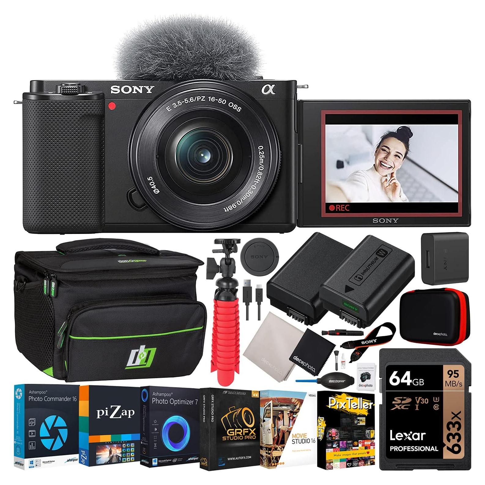 Sony ZV-E10 Mirrorless Alpha APS-C Vlog Camera Body and 16-50mm F3.5-5.6 Zoom Lens ILCZV-E10L/B Black Bundle with Deco Gear Photography Case + Extra Battery + Photo Video Software & Accessories Kit