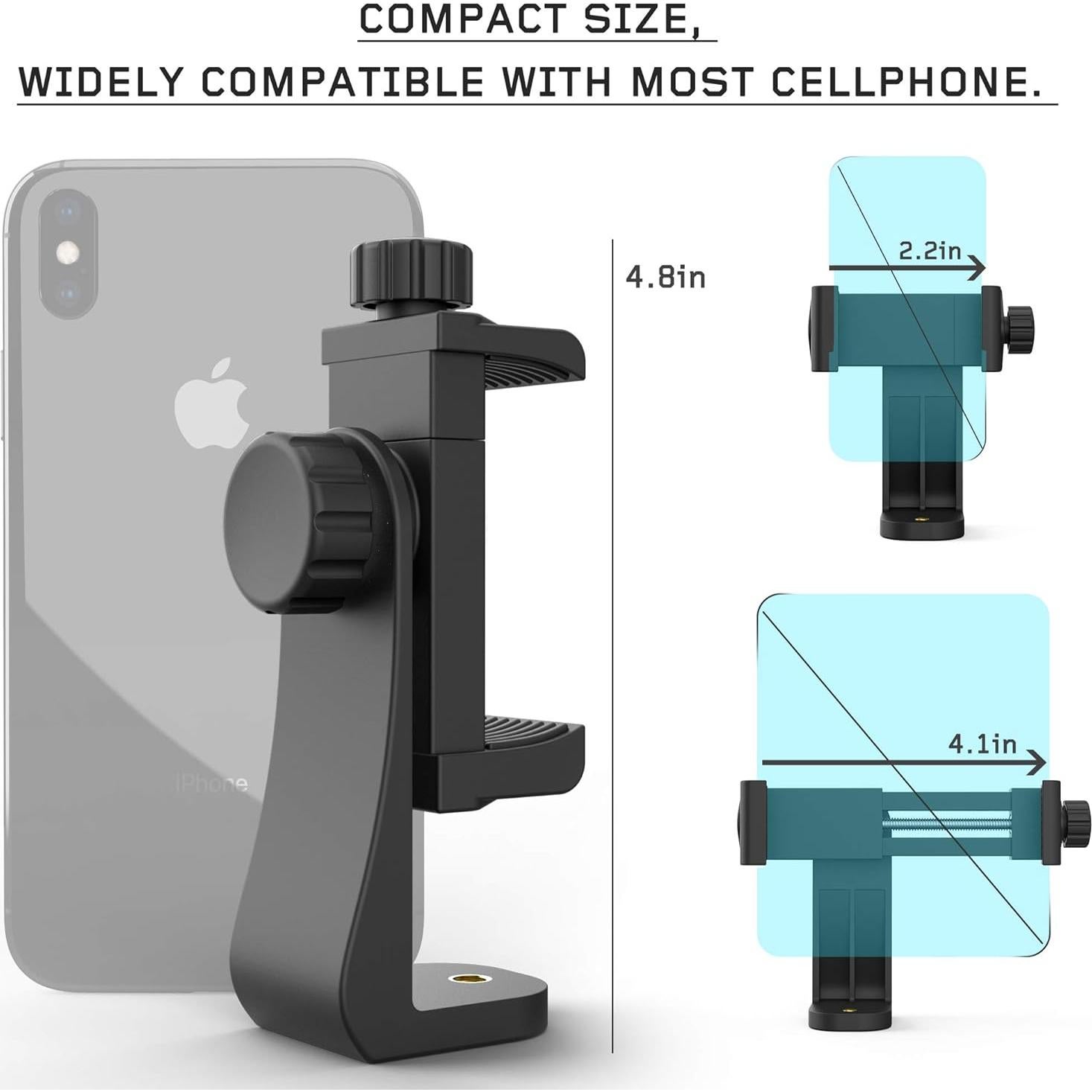 Universal Phone Tripod Mount Adapter with Ｗireless Camera Remote, Cell Phone Holder with Adjustable Clamp for Selfie Stick Monopod Compatible with iPhone, Samsung and so on, Wrist Strap Included