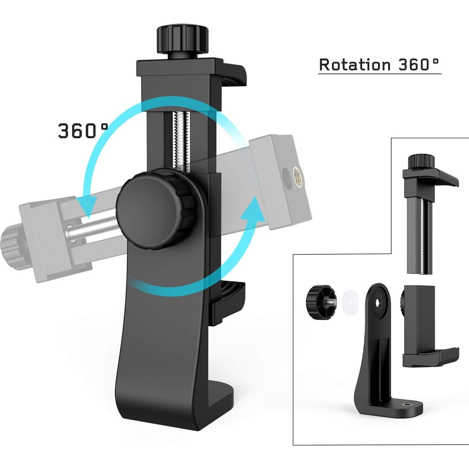 Universal Phone Tripod Mount Adapter with Ｗireless Camera Remote, Cell Phone Holder with Adjustable Clamp for Selfie Stick Monopod Compatible with iPhone, Samsung and so on, Wrist Strap Included