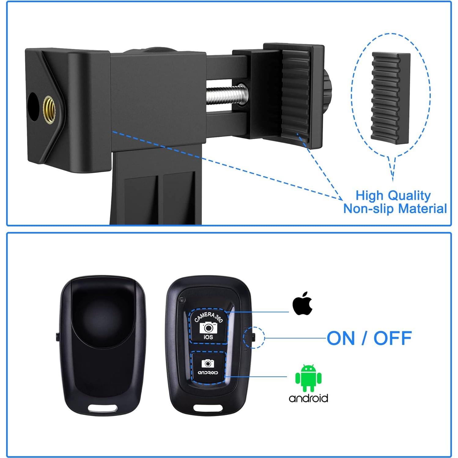 Universal Phone Tripod Mount Adapter with Ｗireless Camera Remote, Cell Phone Holder with Adjustable Clamp for Selfie Stick Monopod Compatible with iPhone, Samsung and so on, Wrist Strap Included