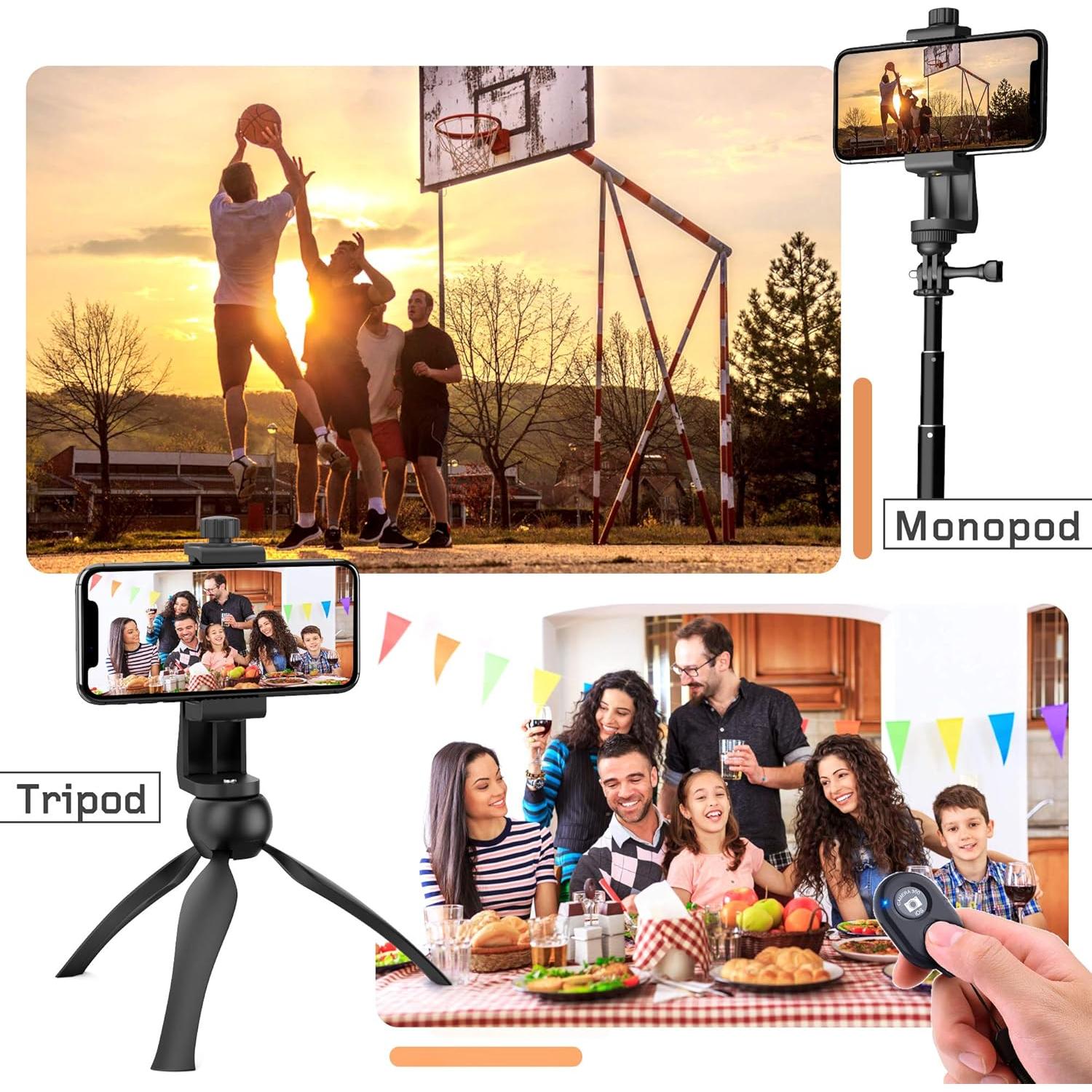 Universal Phone Tripod Mount Adapter with Ｗireless Camera Remote, Cell Phone Holder with Adjustable Clamp for Selfie Stick Monopod Compatible with iPhone, Samsung and so on, Wrist Strap Included