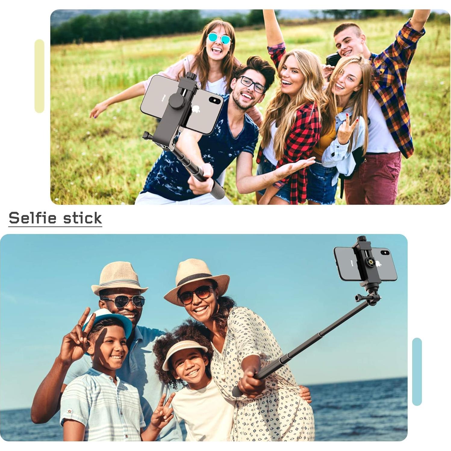 Universal Phone Tripod Mount Adapter with Ｗireless Camera Remote, Cell Phone Holder with Adjustable Clamp for Selfie Stick Monopod Compatible with iPhone, Samsung and so on, Wrist Strap Included