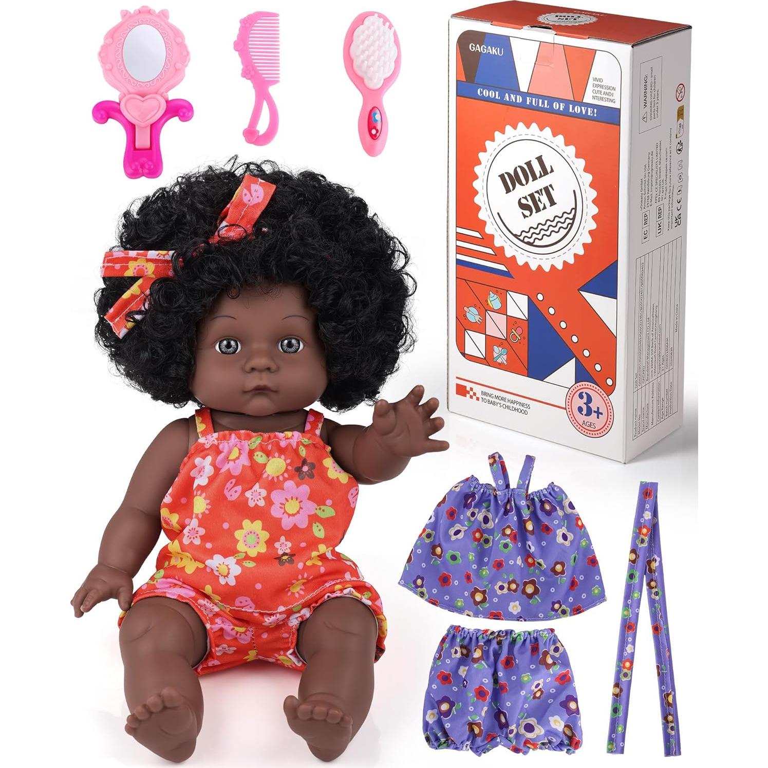 Muñeca Bebé Negra GAGAKU 30 cm con Ropa y Accesorios