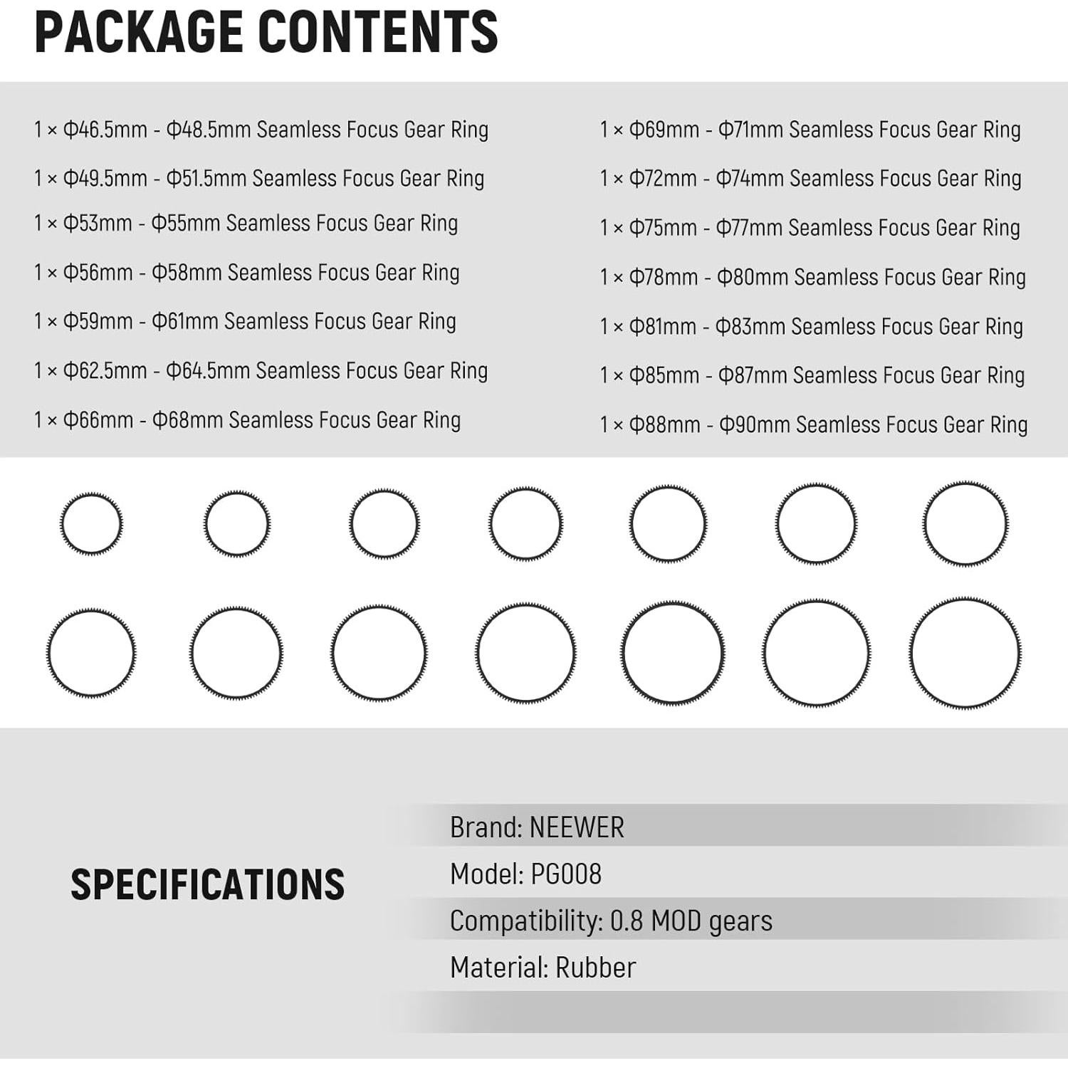Juego de Anillos de Enfoque NEEWER 14PCS 46.5-90mm Mod 0.8