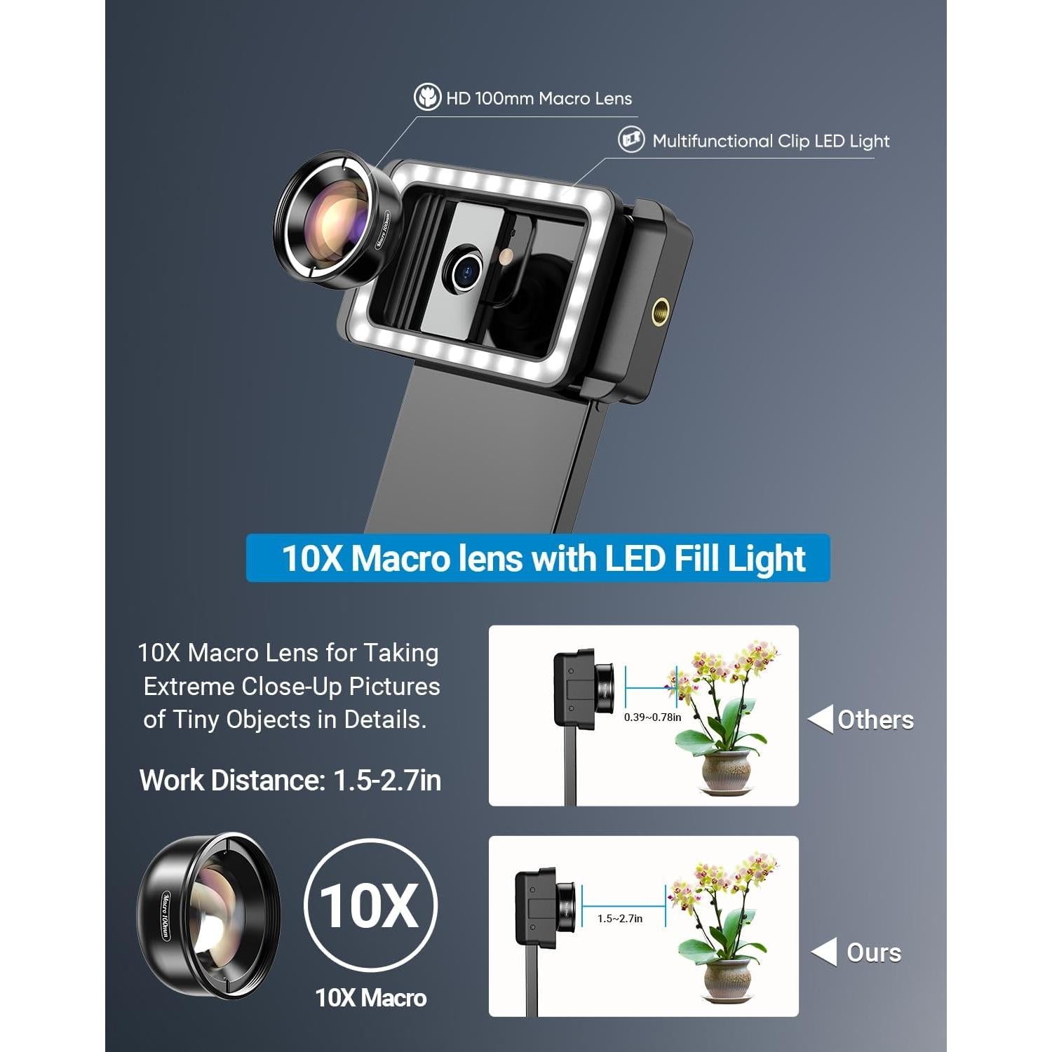 Lente Macro APEXEL con Luz LED y Batería Recargable 350mAh